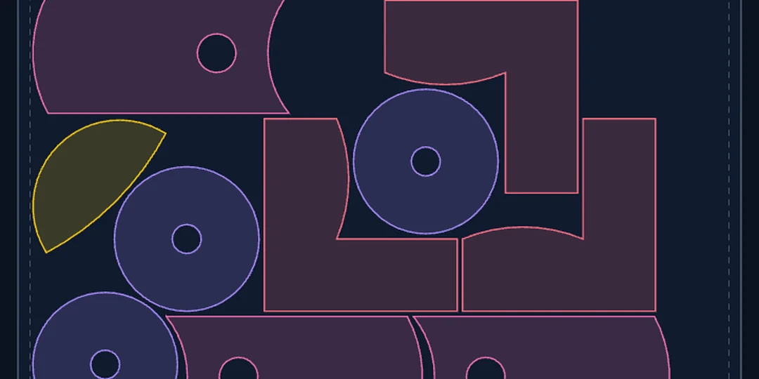 Close-up of a nested sheet: discs with round bores tucked between L-plates, a cam lobe with a smooth curved back, and brackets whose arc edges hug the neighboring discs — all rendered as true curves.