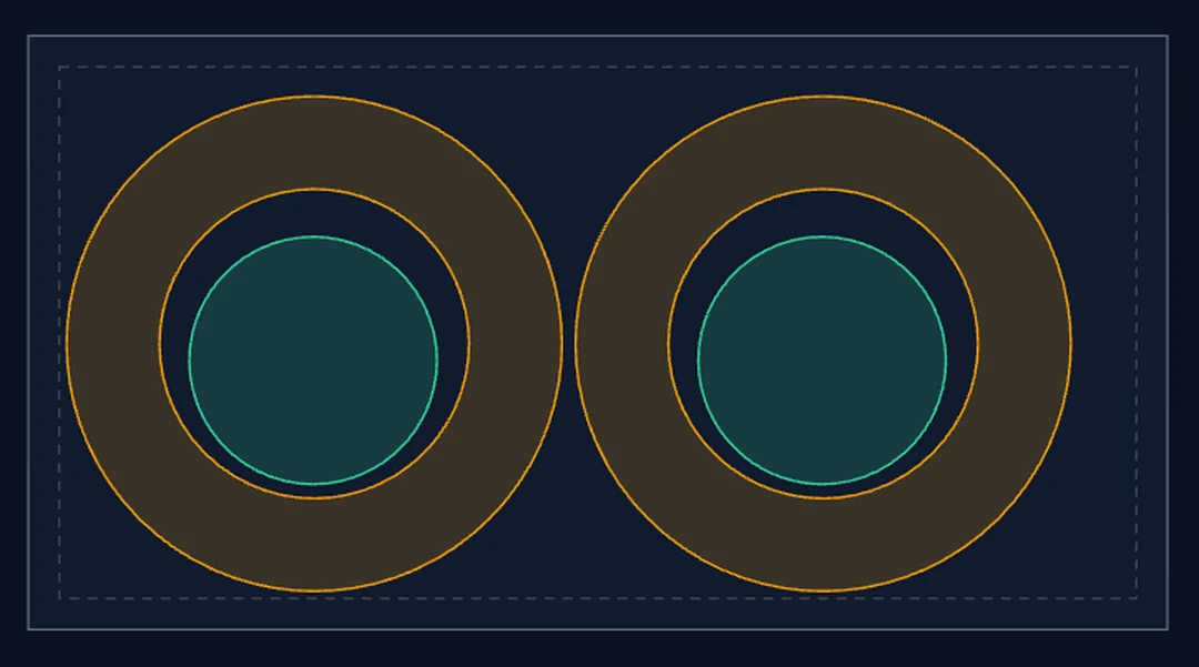 A nested sheet with two rings; inside each ring's bore sits a round plug with visible clearance all around.